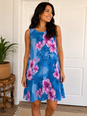 Hibiscus Collection Hawaii Blue Pink Tropical Floral Sleeveless Shift Dress